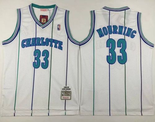 Men Charlotte Hornets 33 Alonzo Mourning White Throwback Stitched NBA Jersey